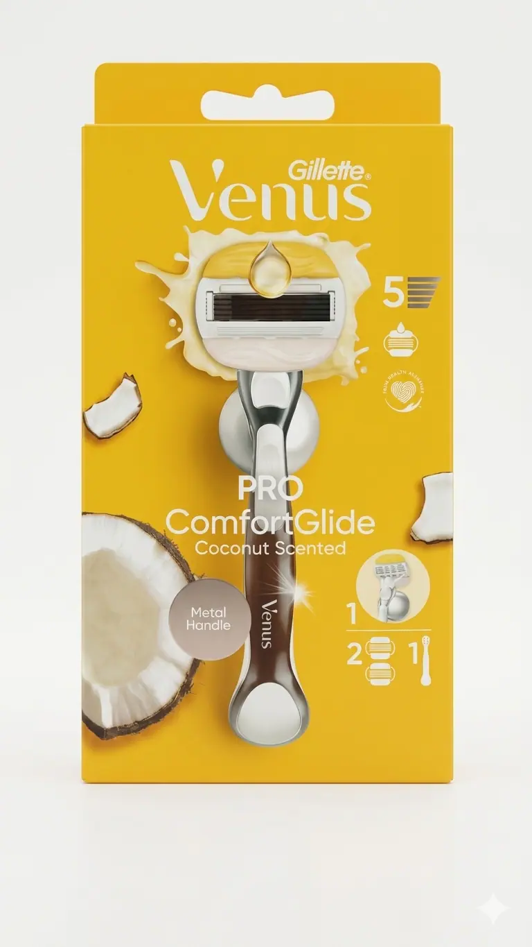 Gillette Venus Pro ComfortGlide Coconut – Rasoio Donna con Manico in Metallo, 2 Ricariche e Gancio Doccia – Per Pelle Secca