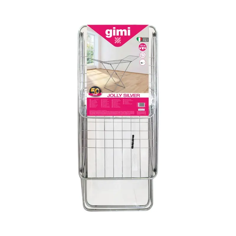 Gimi Jolly Stendibiancheria da Pavimento in Acciaio 18 Metri | Finitura Argento Antiruggine | 180x55x93 cm | Piedini Antiscivolo e Antigraffio