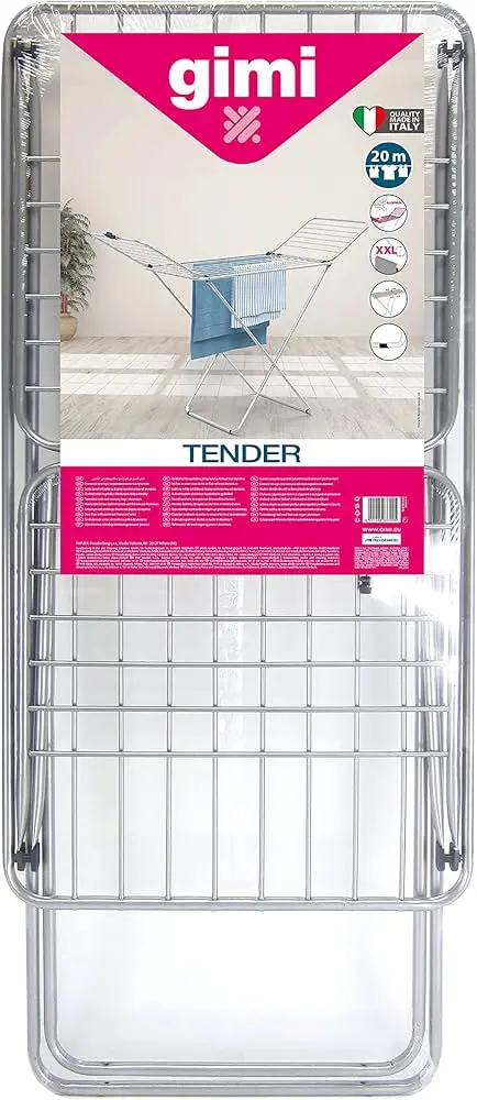 Gimi Tender Stendibiancheria da Pavimento in Alluminio e Acciaio | 20 Metri di Stesa | Fili XXL Anti-Piega | Struttura Leggera e Antiruggine | Made in Italy