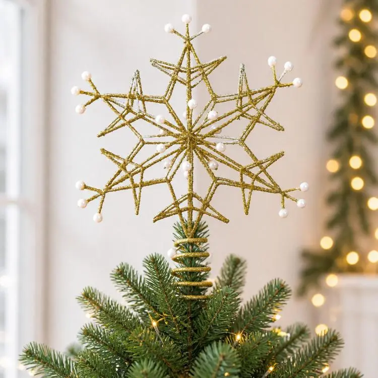 Gold Wire Snowflake Christmas Tree Topper With Faux Pearls Glitter Metal Tree Top Ornament, Gold Wire Snowflake