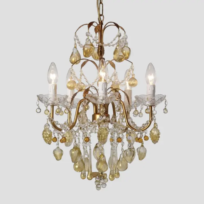 Golden Elegance Glass Chandelier - Handcrafted Glass Fruits and Crystal Chains