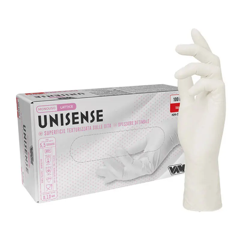 Guanti in lattice senza polvere 5,5gr UNISENSE Bianco - Confezione da 100 pz