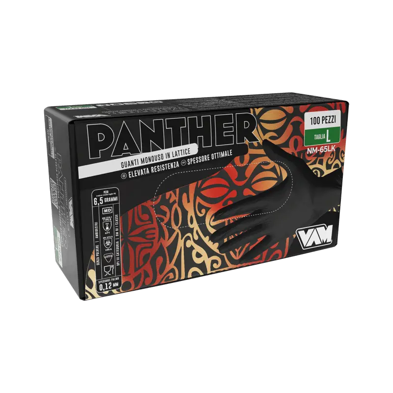 Guanti in lattice senza polvere 6,5gr PANTHER Nero - Confezione da 100 pz