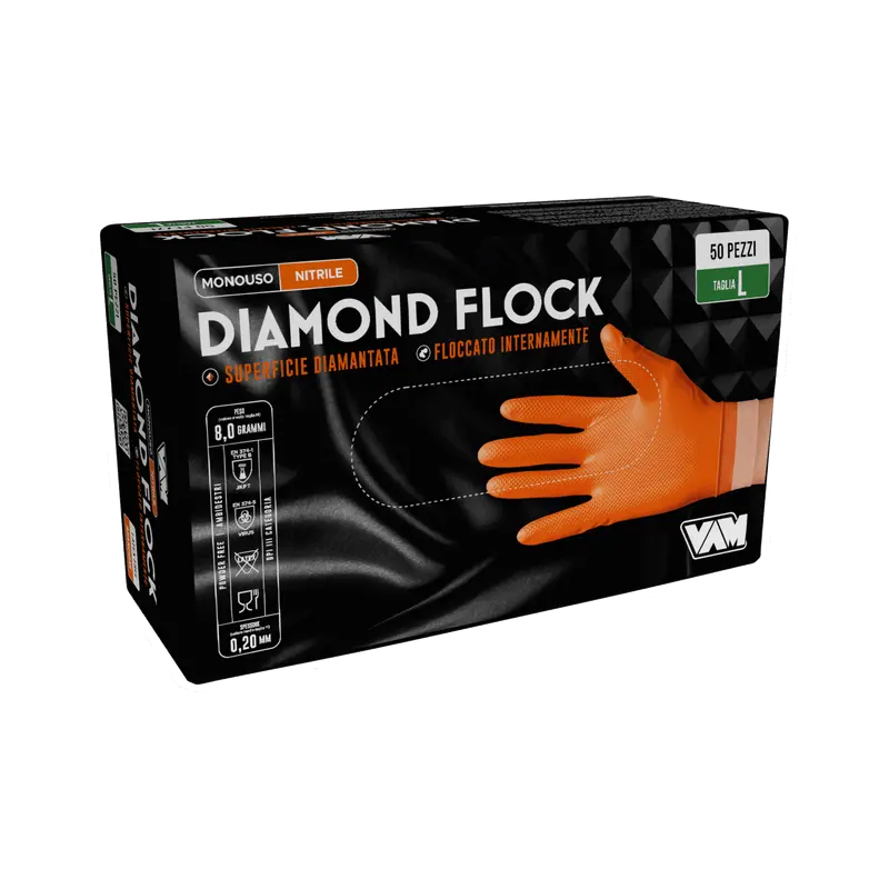 Guanti in nitrile senza polvere 8gr DIAMOND FLOCK Arancio - Confezione da 50 pz