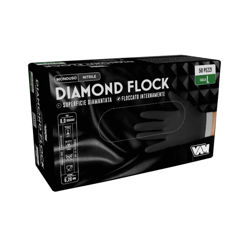 Guanti in nitrile senza polvere 8gr DIAMOND FLOCK Nero - Confezione da 50 pz