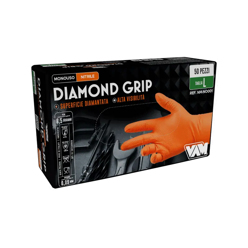 Guanti in nitrile senza polvere 8gr DIAMOND GRIP Arancio - Confezione da 50 pz