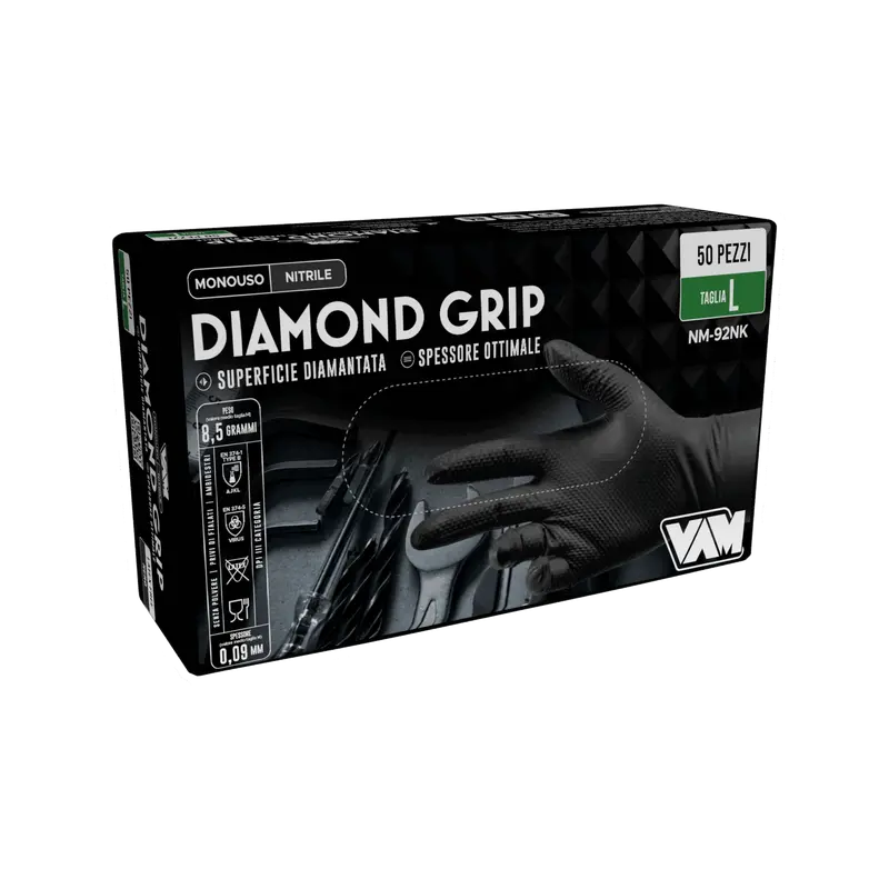 Guanti in nitrile senza polvere 8gr DIAMOND GRIP Nero - Confezione da 50 pz