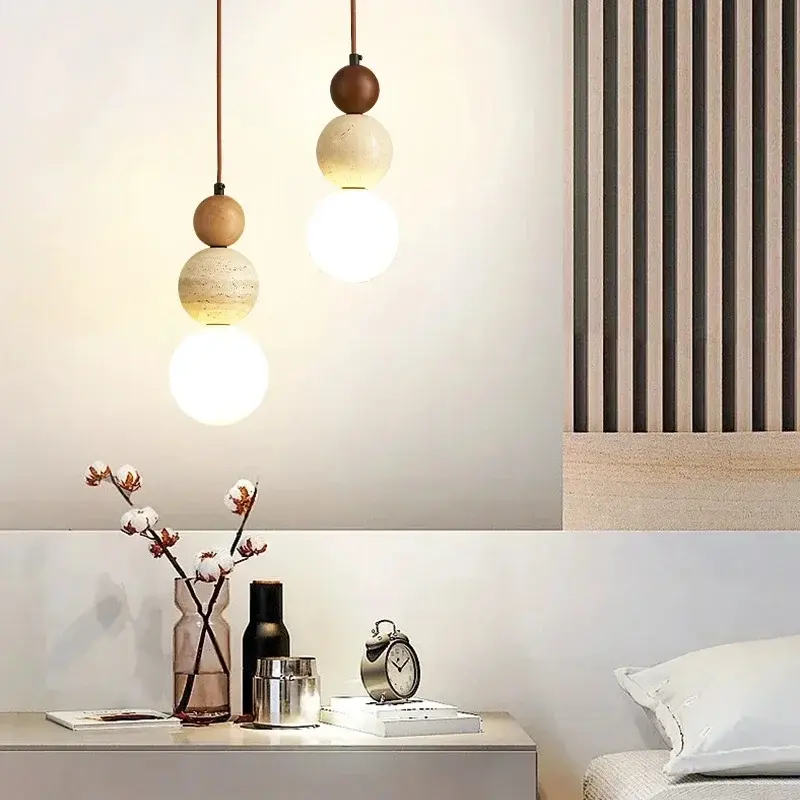 Hanging Bedroom Light with Stone And Wooden Finish