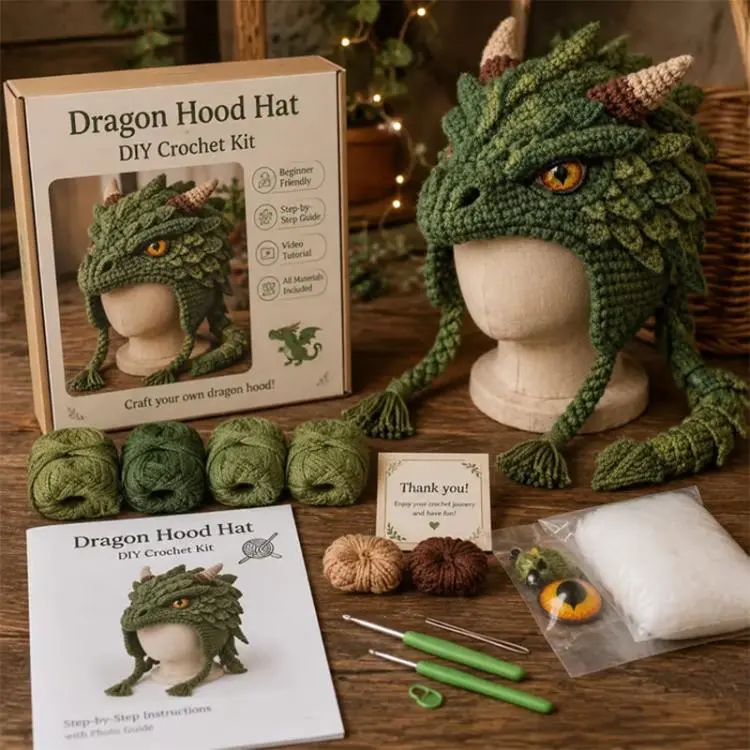Hood Hat DIY Crochet Kit, Demon Dragon, Grey Wolf, Fox, Frog, Demonic Skull, Pumpkin Monster, Highland Cattle