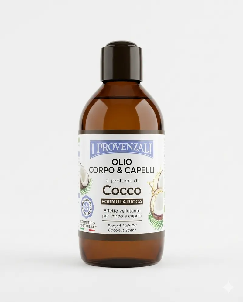 I Provenzali Olio Corpo & Capelli al Profumo di Cocco 200ml – Trattamento Vellutante Antichi Rimedi Naturale al 99% ad Azione Idratante ed Emolliente Senza Ungere