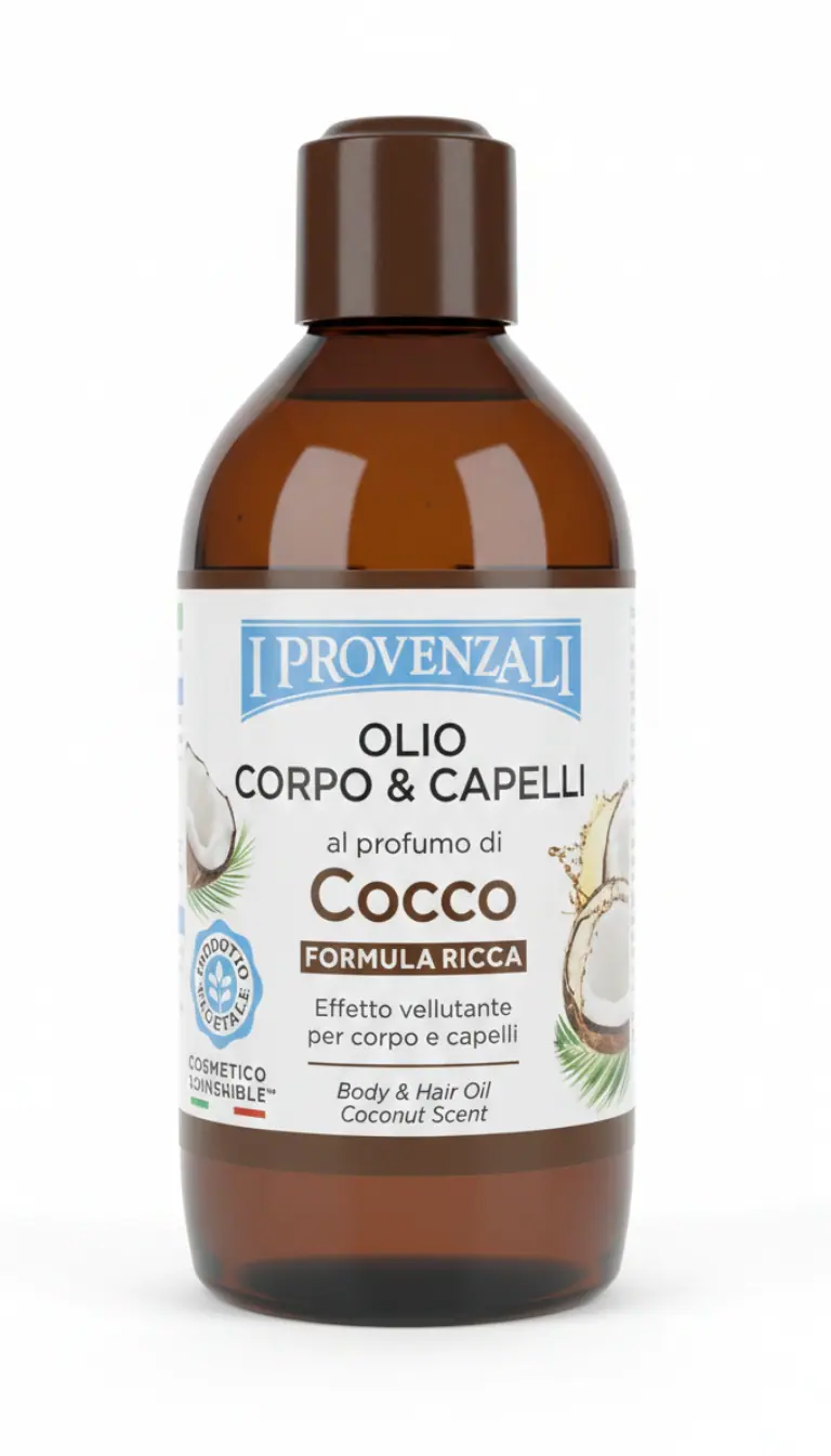 I Provenzali Olio Corpo e Capelli Profumo di Cocco 200ml – Effetto Vellutante e Idratante – Trattamento Naturale e Impacco Pre-Shampoo