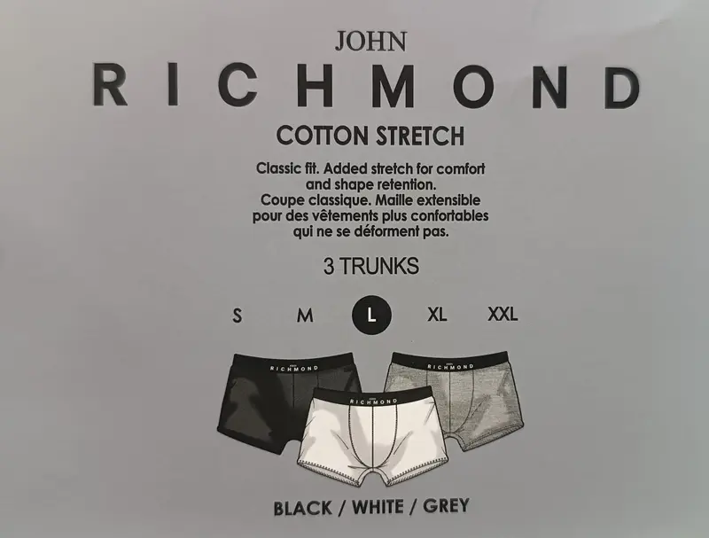 John Richmond Tripack Boxer Uomo – 3 Paia (Nero, Bianco, Grigio) – Cotone Elasticizzato – Classic Fit