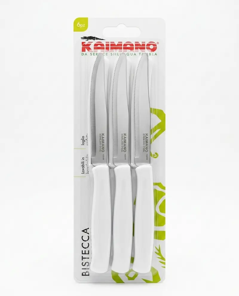 Kaimano Serie Dinamik Set 6 Coltelli Bistecca Acciaio Inox Seghettati – Taglio Netto Antisfilacciamento con Manico Bianco Ergonomico