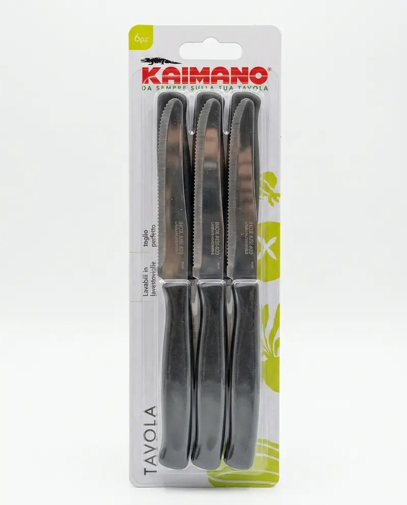 Kaimano Serie Dinamik Set 6 Coltelli Tavola Acciaio Inox Seghettati – Taglio Fluido Antiusura con Manico Nero Ergonomico