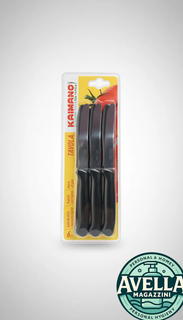 Kaimano - Set 6 Coltelli da Tavola (Nero) | Lama in Acciaio INOX Seghettata, Taglio Perfetto, Adatti alla Lavastoviglie, Serie Italicus