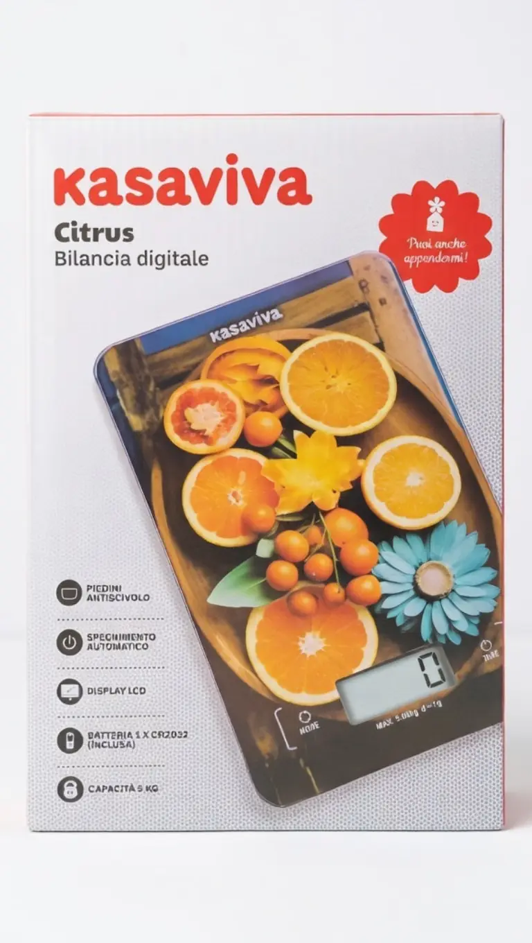 Kasaviva Citrus Bilancia Digitale da Cucina Appendibile | Capacità 5 kg | Display LCD e Piedini Antiscivolo | Batteria Inclusa | Design Sottile 15x23 cm