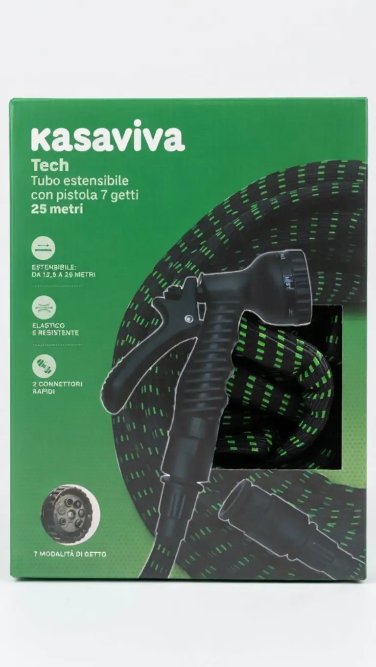 Kasaviva Tech Tubo Estensibile 25 Metri | Tubo da Giardino con Pistola a 7 Getti | Espansione Automatica con Doppio Strato Interno | Adattatori 1/2" e 3/4" Inclusi