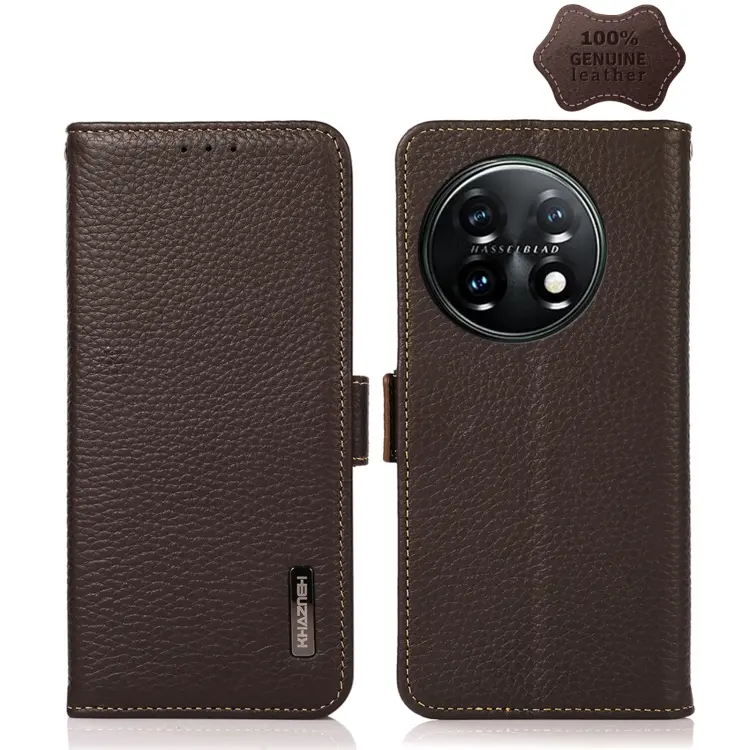 KHAZNEH Custodia per telefono RFID in vera pelle Litchi magnetica laterale, For OnePlus 11