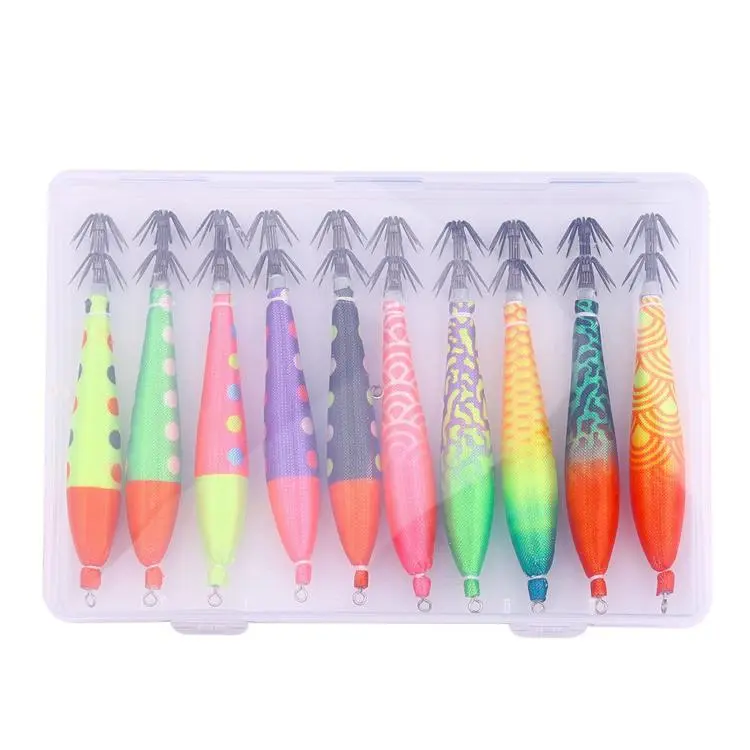 Kit di esche luminose per calamari (jig) con ami a ombrello e scatola porta-attrezzatura, 10 PCS/Box HENGJIA UV Squid Hooks, 14 PCS/Box HENGJIA Horizontal Shrimp