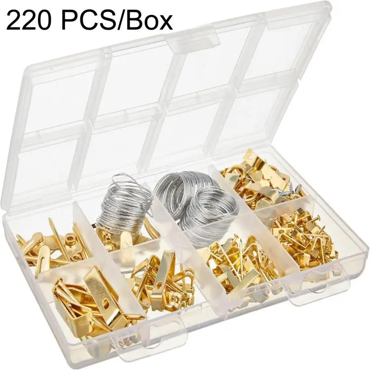Kit per appendere quadri da parete, 220 pezzi/scatola, assortimento di ganci con chiodi, filo e anello a D., 220 PCS/Box
