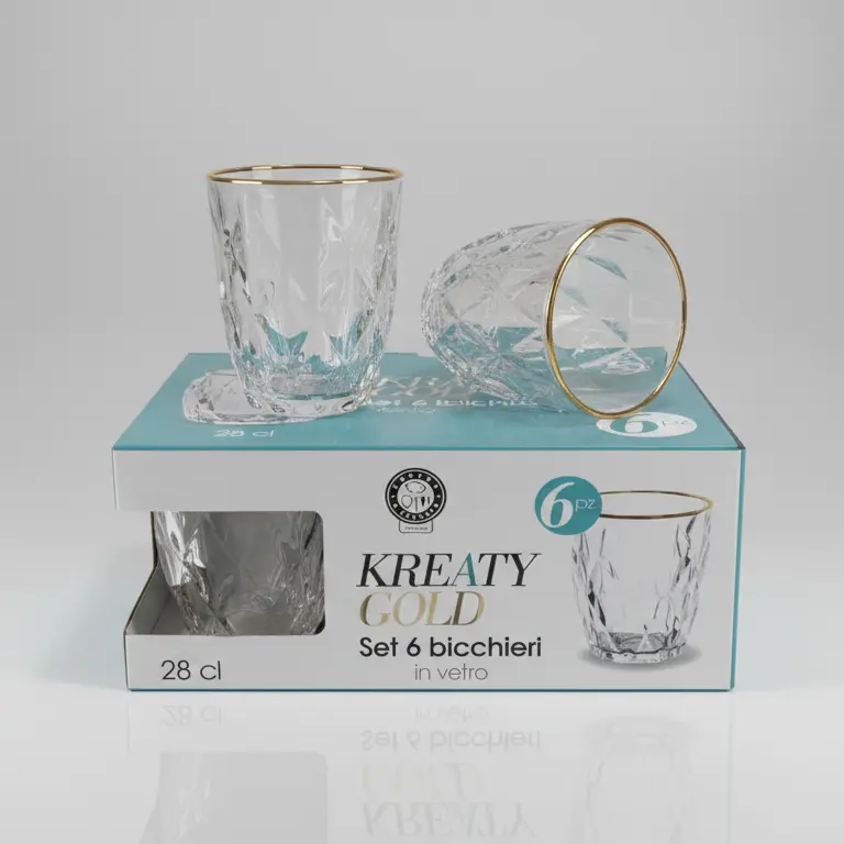 Kreaty Gold Set 6 Bicchieri in Vetro 28 cl | Design Geometrico a Diamante con Bordo Oro | Bicchieri Eleganti per Acqua, Vino e Cocktail | h. 8,8 cm | Lavabili in Lavastoviglie