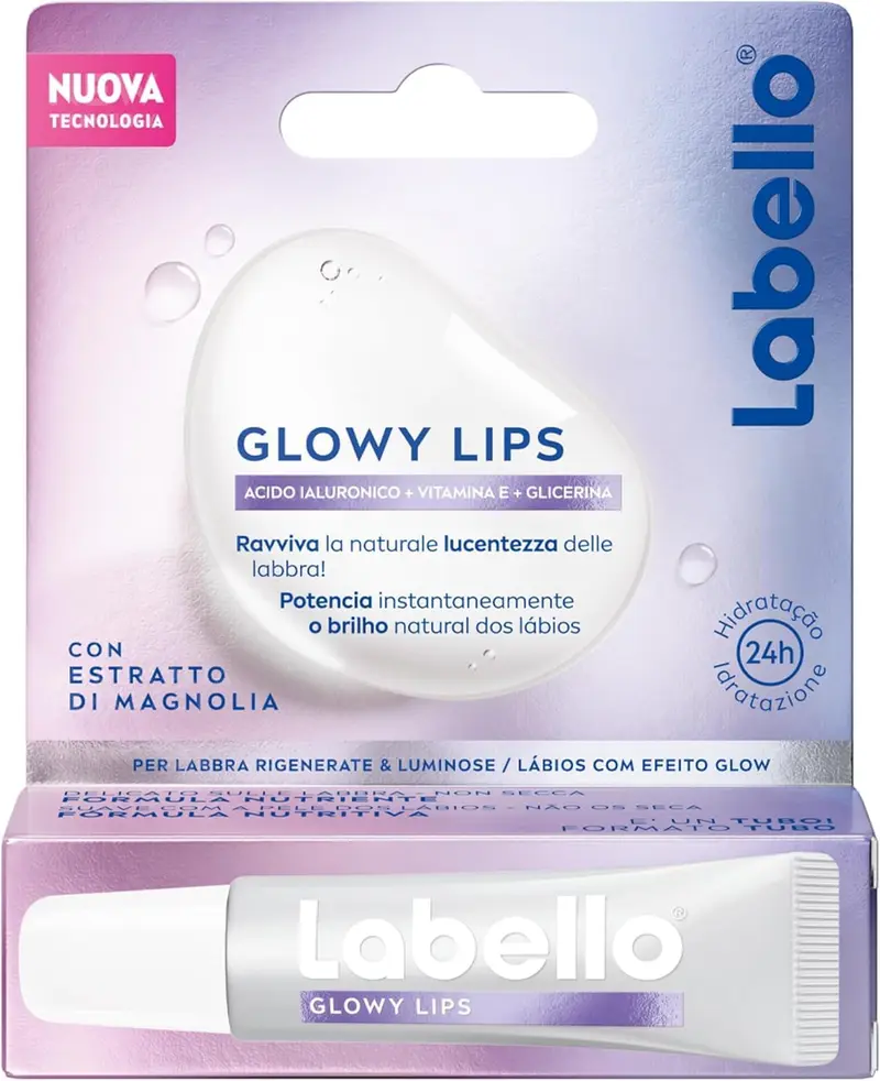 Labello Glowy Lips Magnolia 10ml Tubetto Acido Ialuronico – Balsamo Labbra Rigenerante 24h Idratazione Profonda ed Effetto Glossy Naturale