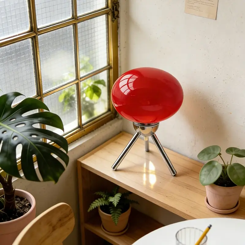 Lampada da tavolo futuristica in vetro con tre gambe cromate