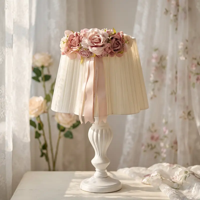 Lampada da Tavolo Queen con Paralume Plissé e Fiori – Mata Creazioni, H 65 cm