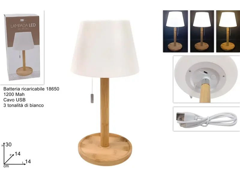 Lampada LED da Tavolo Ricaricabile USB con Base in Legno | 3 Tonalità di Bianco (CCT) | Design Nordico H 30 cm