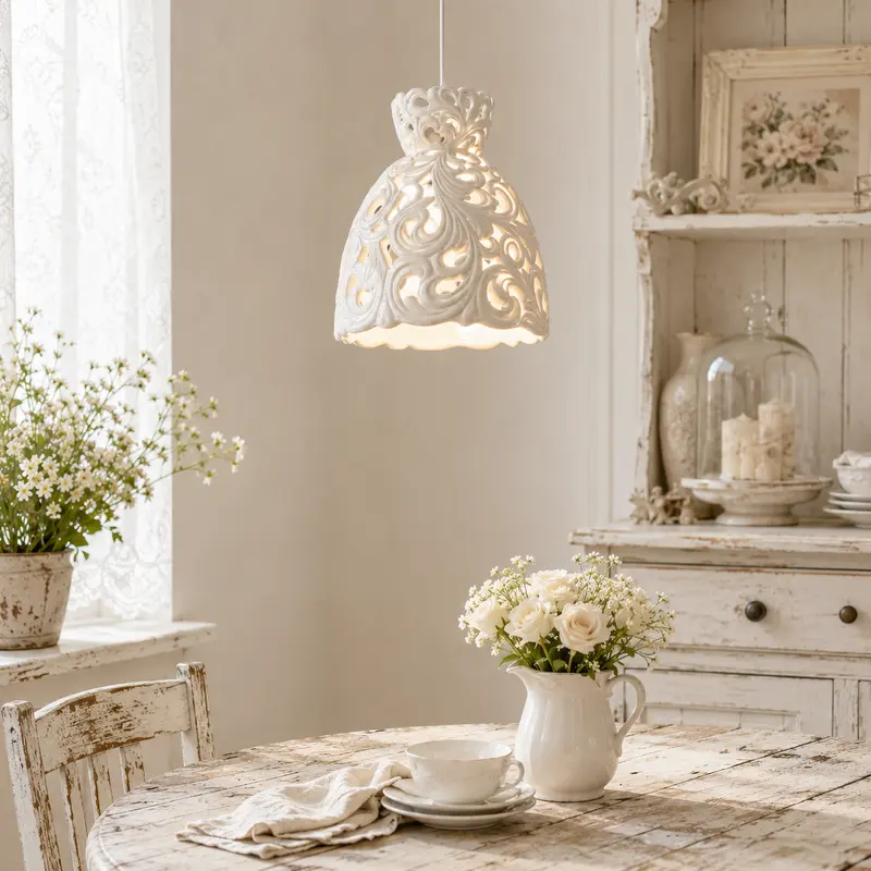 Lampadario a Sospensione Campana Intagliata in Ceramica Bianca - 30x30x36 cm