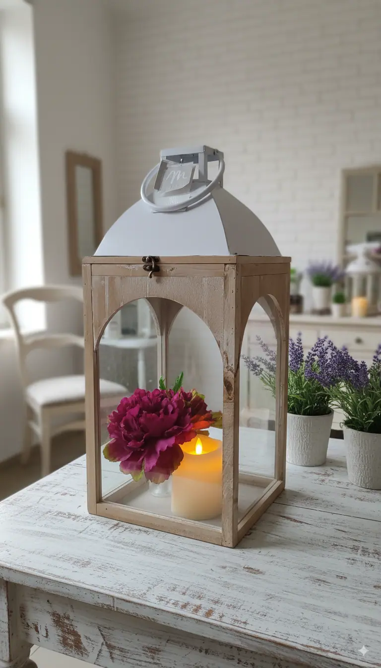 Lanterna Decorativa AD Trend H 60 cm – Stile Shabby Chic in Legno e Metallo – Elemento di Design Vintage 26x26 cm