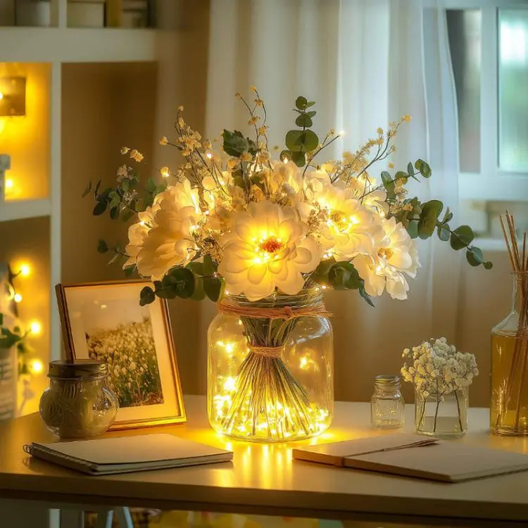 LED Faux Flower Bouquet Glass Bottle Decorative Light Desktop Ornament, 7CM x 7CM x 13CM
