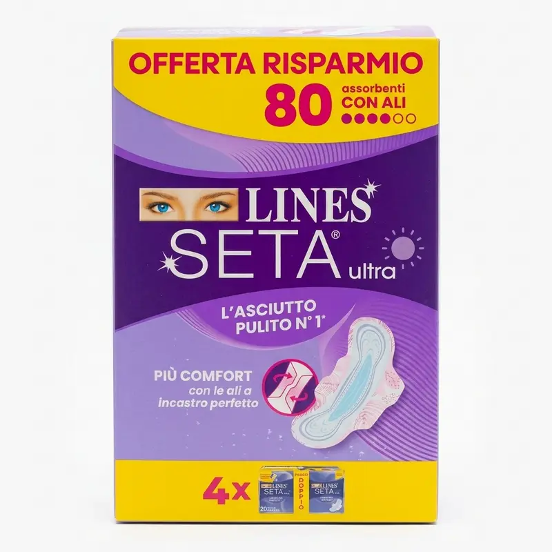 Lines Seta Ultra con Ali Maxi Bundle 80 Pezzi Assorbenti Giorno 24 cm – Protezione Assoluta e Molecola N-3 Zero Odori