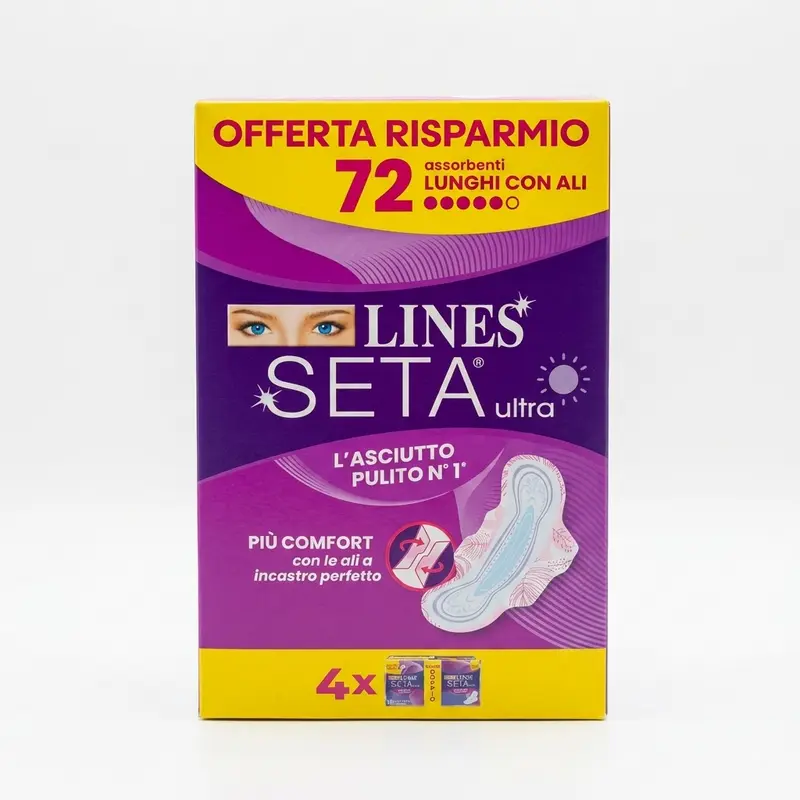 Lines Seta Ultra Lunghi con Ali Maxi Bundle 72 Pezzi Assorbenti Giorno 28,4 cm – Protezione Extra Flussi Intensivi e Molecola N-3 Zero Odori