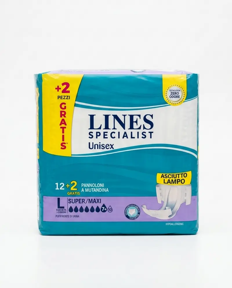 LINES Specialist Unisex Pants Super/Maxi Taglia L | 14 Pezzi (12+2) | Mutandine Assorbenti per Incontinenza Pesante | Tecnologia Zero Odore e Assorbenza Veloce