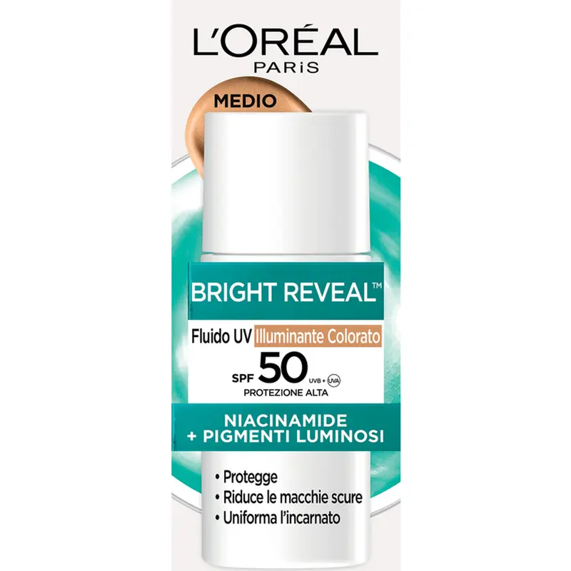 L'Oréal Bright Reveal Fluido UV Illuminante Colorato SPF50+ Medio 50ml - Niacinamide + Pigmenti Luminosi - Anti-Macchie, Uniformante