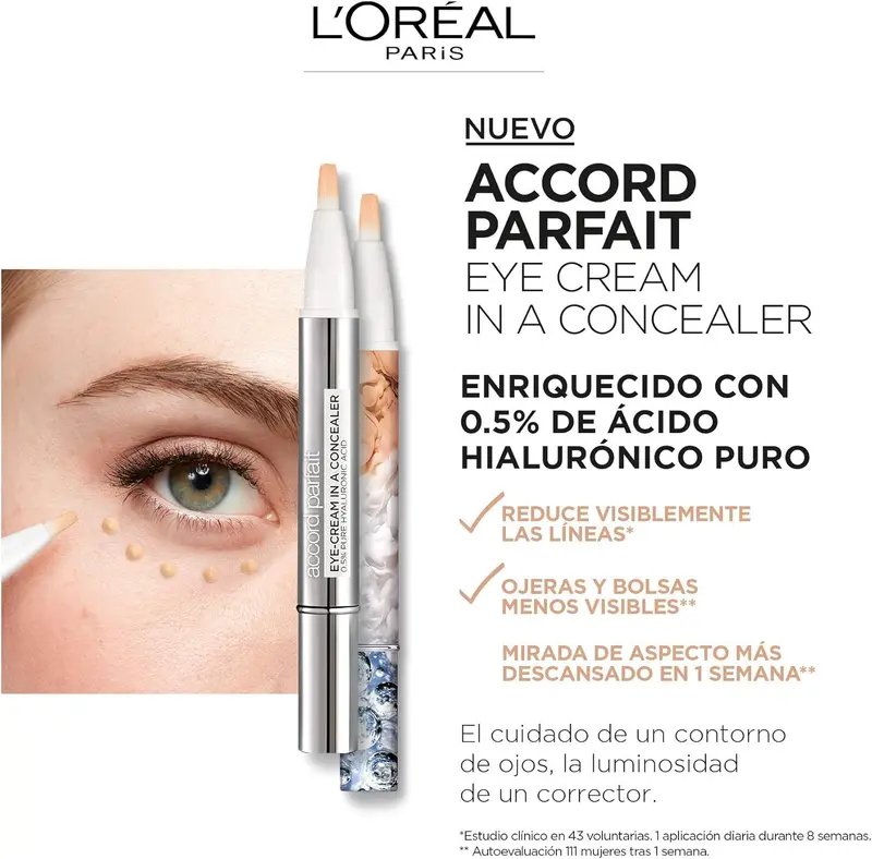 L'Oréal Paris Accord Parfait Eye-Cream in a Concealer – Correttore Trattamento 2-in-1 con Acido Ialuronico 0,5% – Idratazione Rimpolpante, Coprenza Naturale e Sguardo Radioso