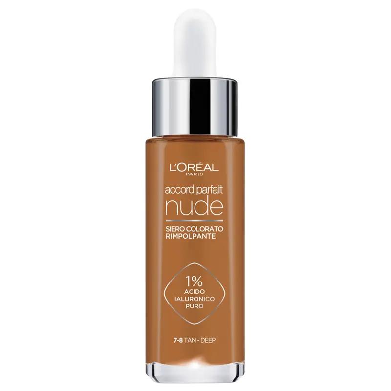 L'Oréal Paris Accord Parfait Nude Siero Colorato 7-8 – Fondotinta Siero Rimpolpante con 1% Acido Ialuronico Puro – Uniformante Leggero per Incarnati Medi e Scuri