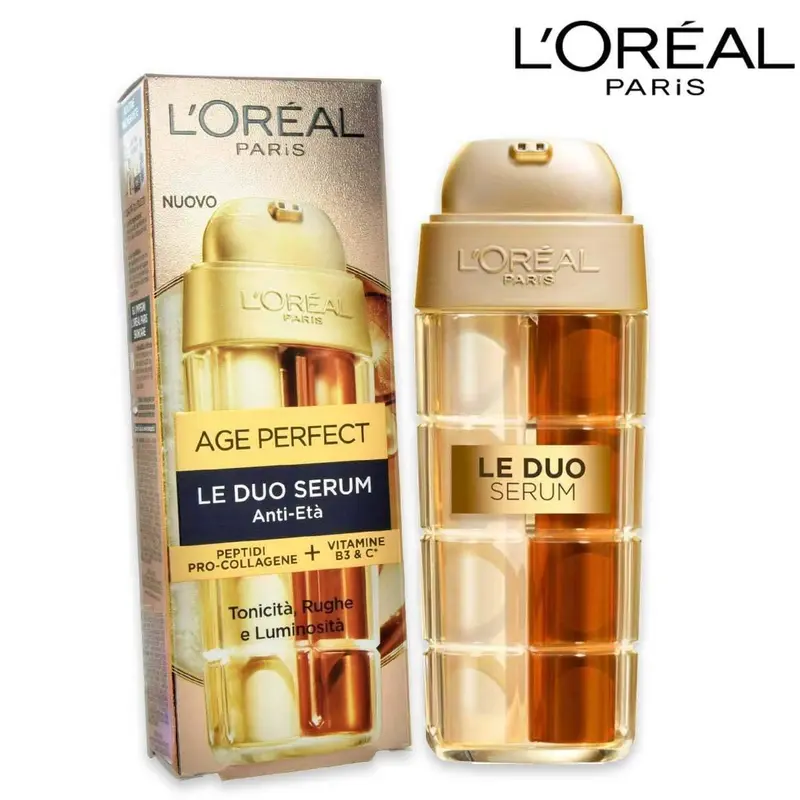 L'Oréal Paris Age Perfect Le Duo Serum 30ml - Siero Viso 2in1 Anti-Età & Anti-Rughe - Peptidi Pro-Collagene, Vitamine B3 & Cg
