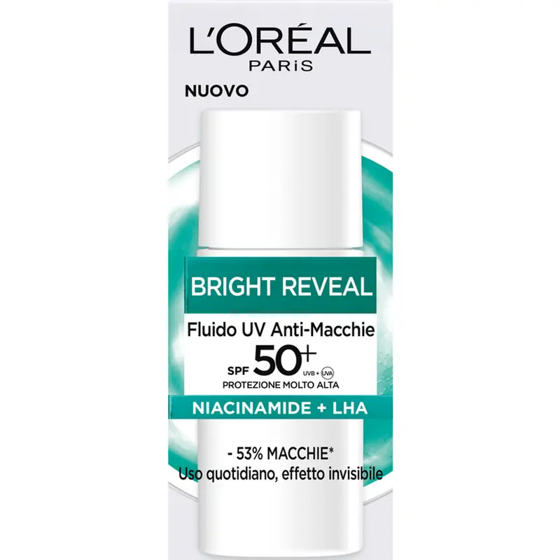 L'ORÉAL PARIS Bright Reveal Fluido UV Anti-Macchie (50ml) | SPF50+ Protezione Molto Alta | Con Niacinamide + LHA | Effetto Invisibile