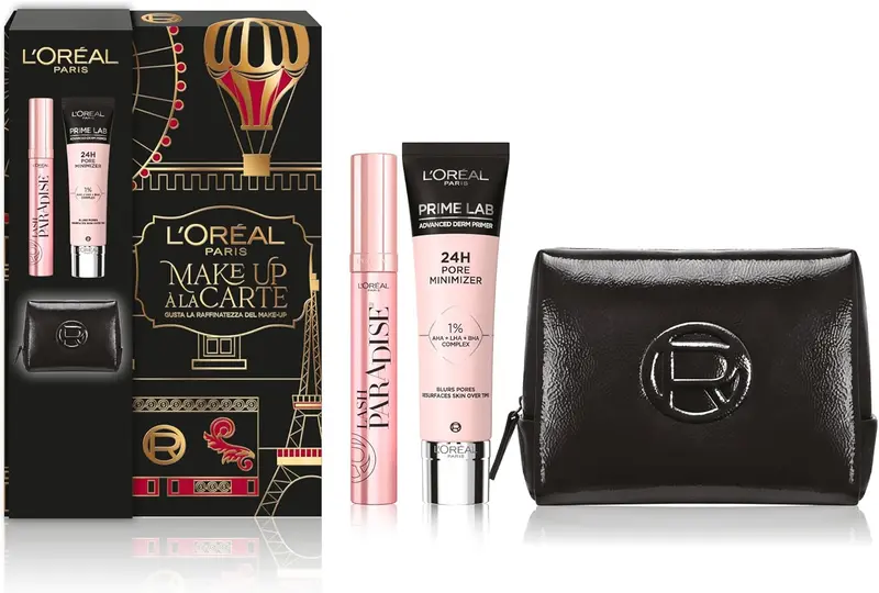 L'Oréal Paris Kit Regalo Make Up à La Carte – Cofanetto Base Viso e Sguardo con Primer Minimizzatore Pori Full-Size (30 ml) e Mini Mascara Lash Paradise Nero – Con Maxi Pochette in Vernice Nera