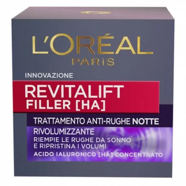 L'Oréal Paris Revitalift Filler Trattamento Notte Rivolumizzante Anti-Rughe - 50ml - Con Acido Ialuronico Concentrato + Fibroxyl - Rimpolpa, Ripristina Volumi