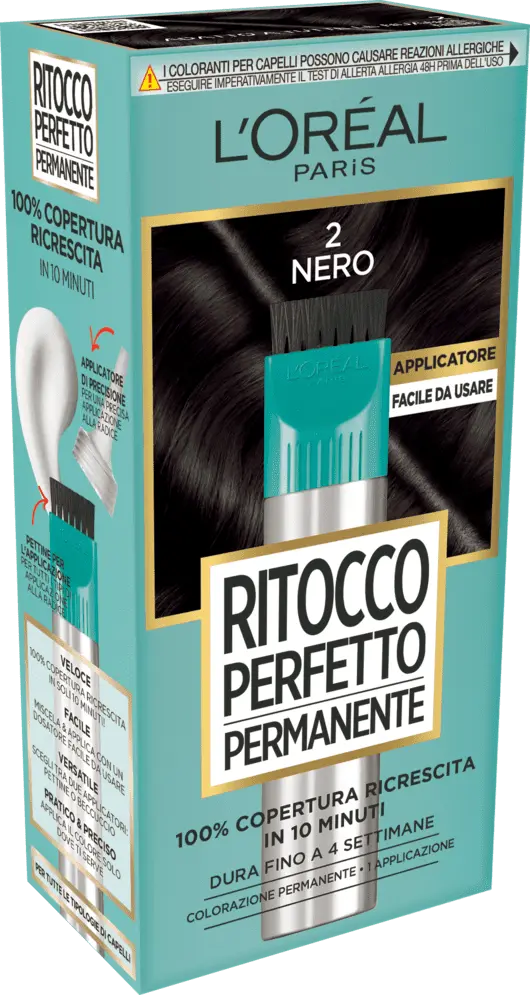 L'Oréal Paris Ritocco Perfetto Permanente Gel Colorante Radici Nero N. 2 – Copertura Ricrescita 100% Professionale in 10 Minuti – Formula Antimacchia ed Applicatore di Precisione Salva-Tempo
