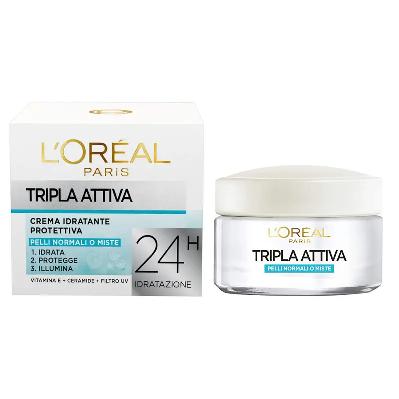 L'Oréal Paris Tripla Attiva Crema Giorno Idratante 24H 50 ml – Pelli Normali e Miste con Ceramidi, Vitamina E e Filtro UV