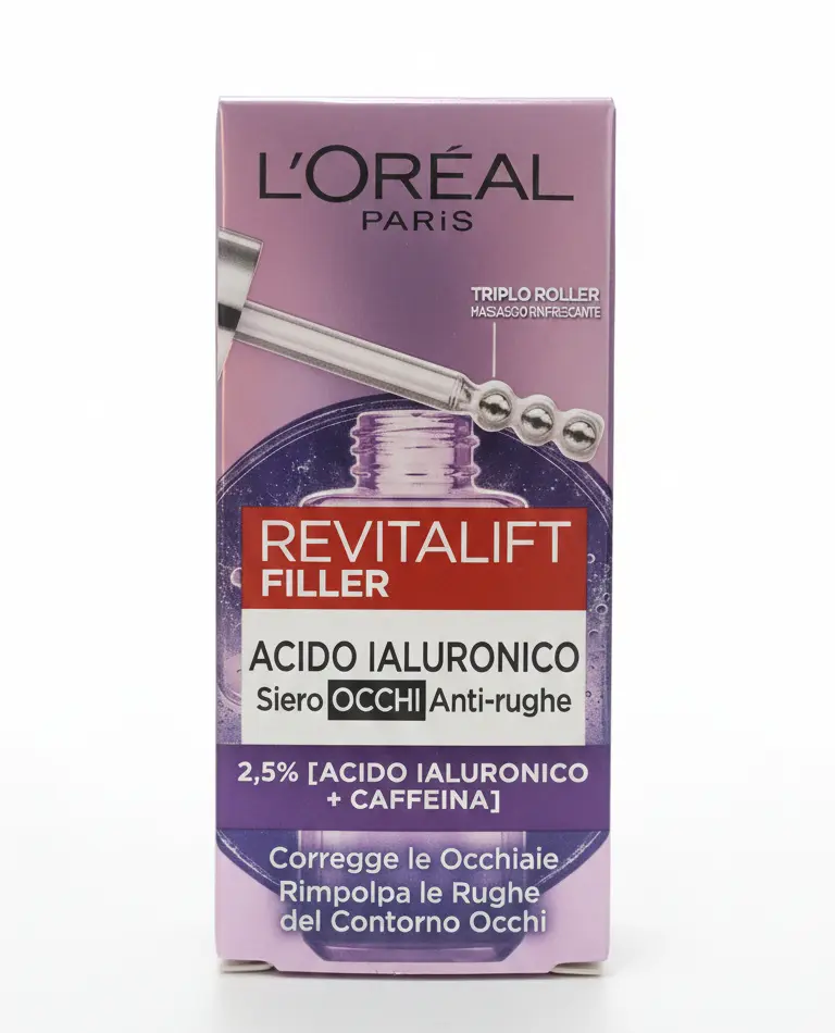 L'Oréal Revitalift Filler Siero Contorno Occhi 20ml | 2.5% Acido Ialuronico Puro + Caffeina | Triplo Roller | Anti-Rughe, Occhiaie, Borse