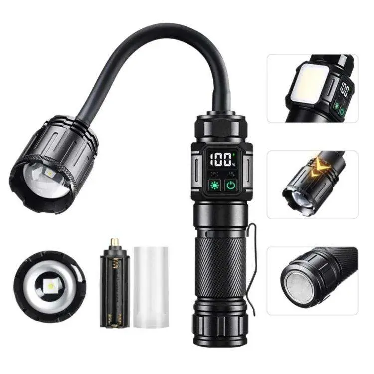 Magnetic Work Light with Flexible Hose and USB Digital Display High-Intensity Flashlight, Zoomable White Laser No Batteries, 9-LED No Batteries