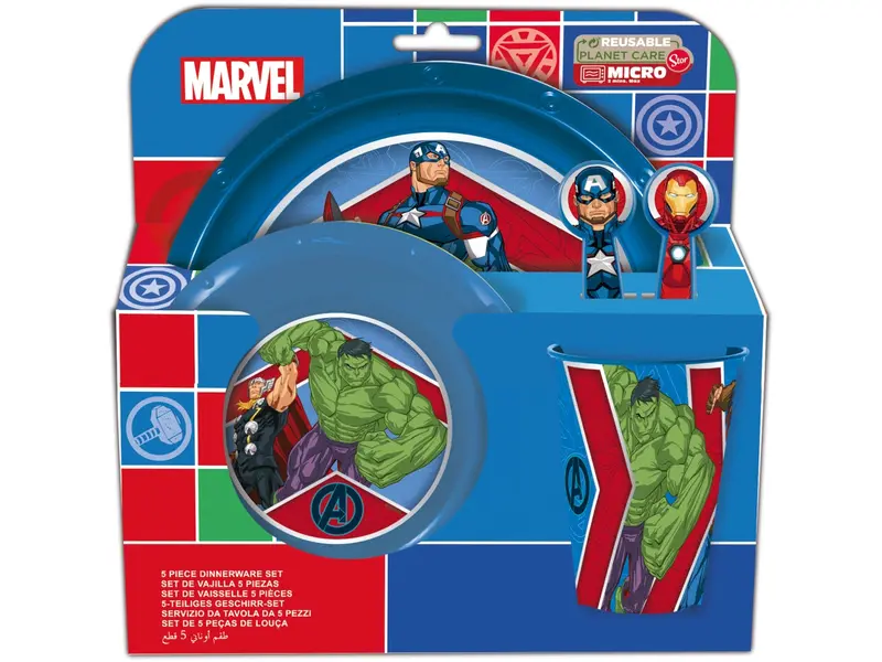 Marvel Set Pappa 5 Pezzi Supereroi Ufficiali Plastica BPA Free – Kit Piatto Ciotola Bicchiere e Posate Bambini