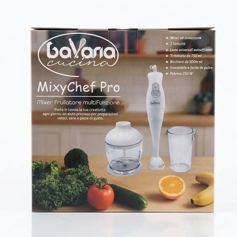 Mastrobianco MixyChef Pro | Mixer Frullatore Multifunzione 3-in-1 | Tritatutto 750ml e Bicchiere 500ml | 250W con Lame Autoaffilanti