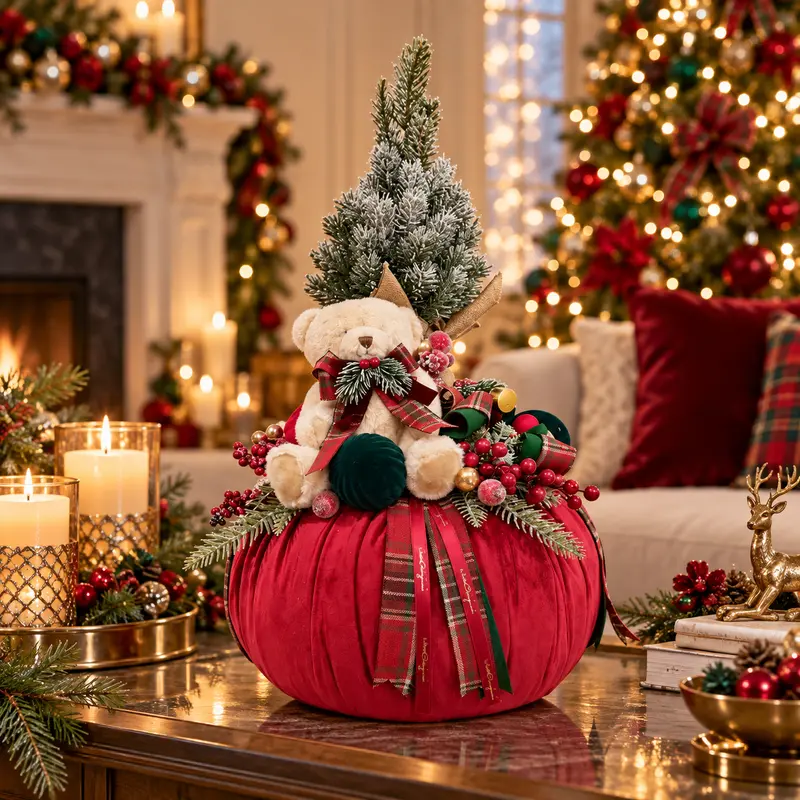 Maxi Pouf Toys in Velluto con Orsetto e Alberello Innevato – Linea Teddy by Mata Creazioni, 35x50 cm
