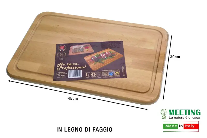 Meeting - Tagliere Professionale Rettangolare in Legno di Faggio - 45x30 cm - Art. 1715 - Made in Italy